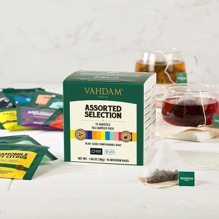 VAHDAM Assorted Tea Sampler – 2 x 15 Premium Flavors in Pyramid Tea Bags - Canadian Distribution - Ships Free Within Canada on Orders Above CAD $199