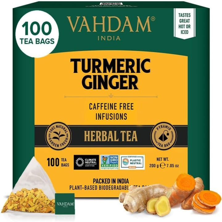 VAHDAM – Turmeric Ginger Tea – Herbal Pyramid Tea Bags – 100 ct