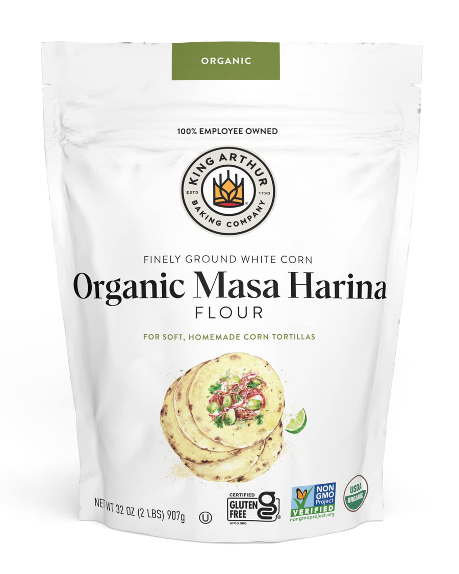 Bag of King Arthur Organic Masa Harina Flour with tortilla image on a white background