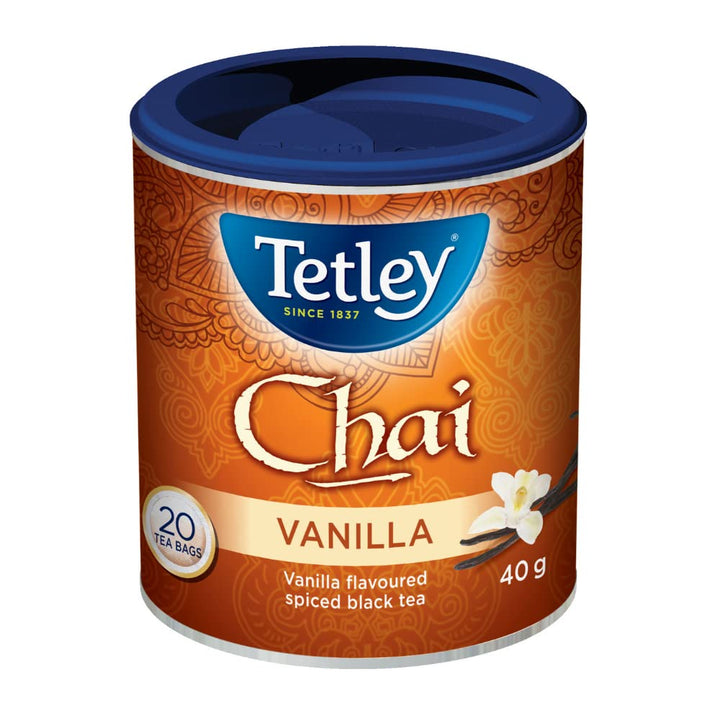 Tetley Vanilla Chai Black Tea – Spiced Blend with Vanilla, 20 Tea Bags per Box, 40g, Caffeinated, Kosher Certified – 6-Pack Bundle - Canadian Distribution - Ships Free Within Canada on Orders Above CAD $199