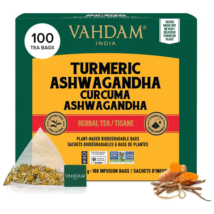VAHDAM – Turmeric Ashwagandha Tea – Herbal – 100 Count – Caffeine free blend