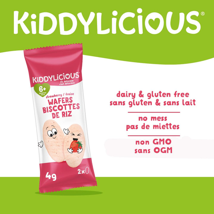 Kiddylicious Strawberry Wafers – Gentle Baby Snacks for 6+ Months – Gluten-Free, Dairy-Free & Vegan – 24 Pieces, 96g - Canadian Distribution - Ships Free Within Canada on Orders Above CAD $199