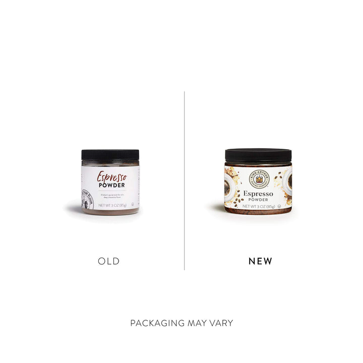 Two containers of 'Espresso Powder' labeled 'Old' and 'New' on a white background.