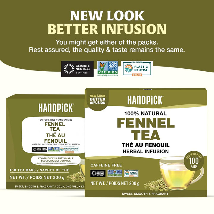 HANDPICK Fennel Tea Bags - 100 Count Herbal Tea, Caffeine-Free, Pure Whole Fennel Seeds - Canadian Distribution - Ships Free Within Canada on Orders Above CAD $199