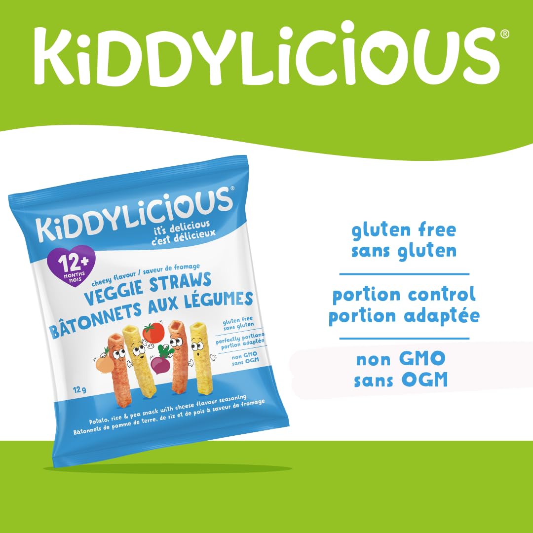 Kiddylicious Cheesy Straws - Crunchy Snack for Toddlers 12+ Months - Gluten Free, Vegan - 16 Portions (4 x 12g) - Canadian Distribution - Ships Free Within Canada on Orders Above CAD $199