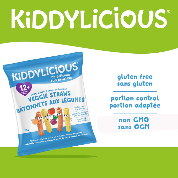 Kiddylicious Cheesy Straws - Crunchy Snack for Toddlers 12+ Months - Gluten Free, Vegan - 16 Portions (4 x 12g) - Canadian Distribution - Ships Free Within Canada on Orders Above CAD $199