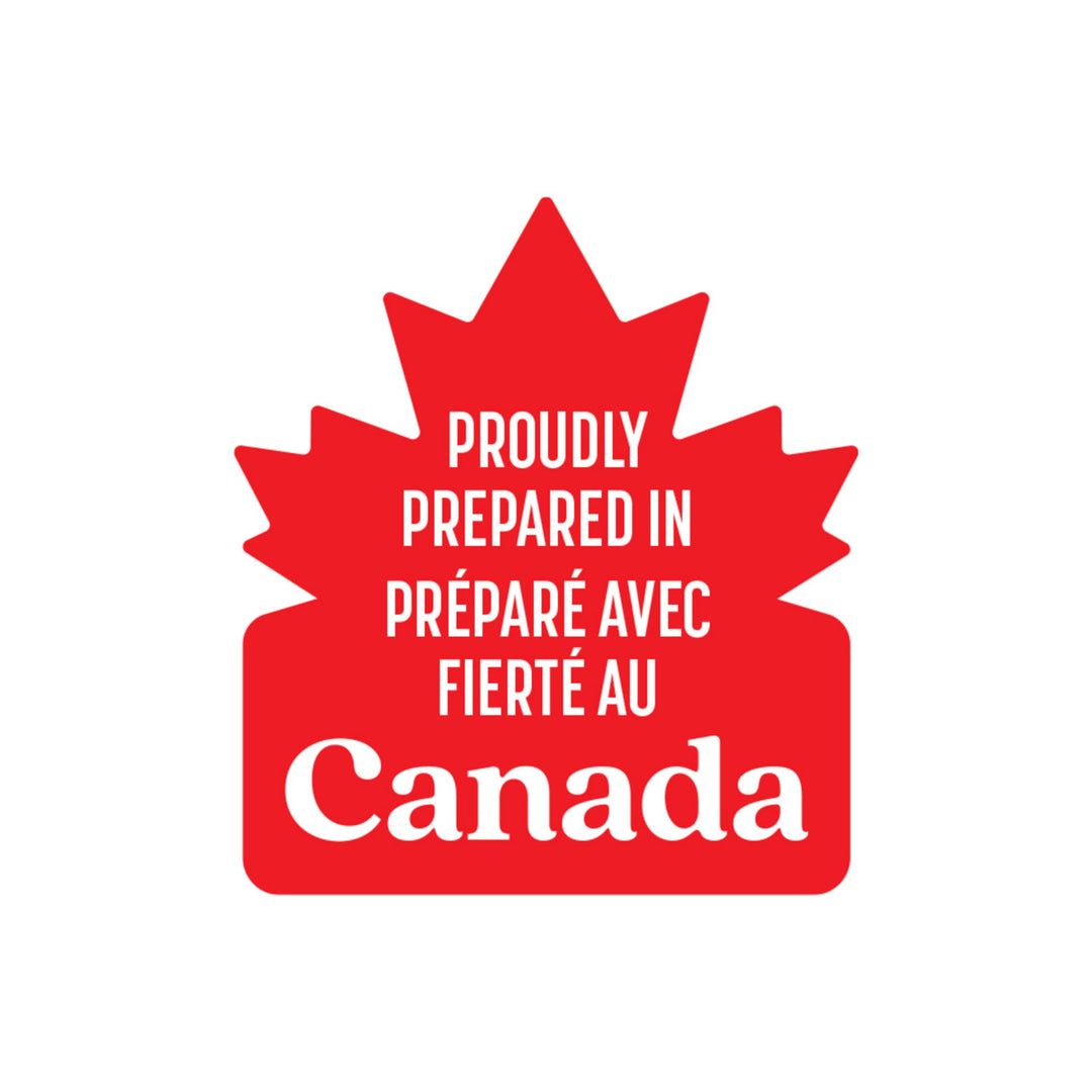Red maple leaf-shaped logo with text 'Proudly Prepared in Canada' on a white background