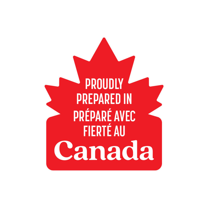 Red maple leaf-shaped logo with text 'Proudly Prepared in Canada' on a white background