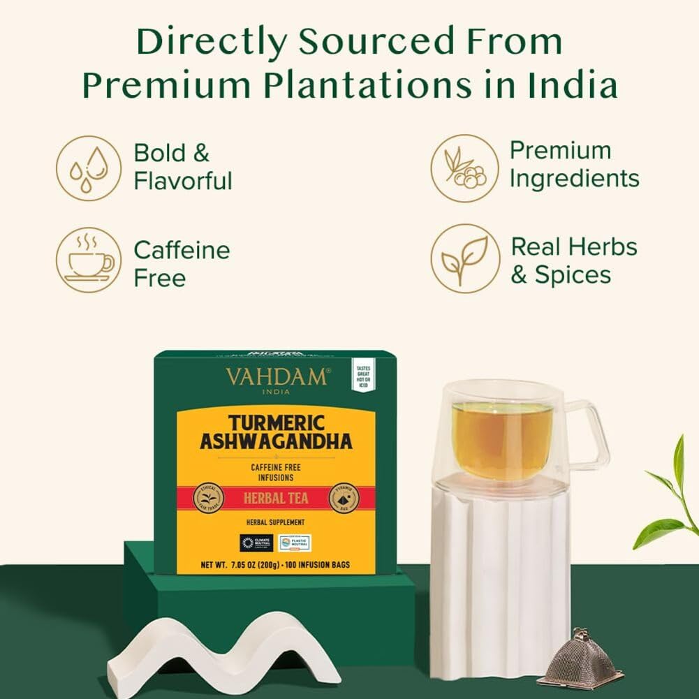 VAHDAM – Turmeric Ashwagandha Tea – Herbal – 100 Count – Caffeine free blend