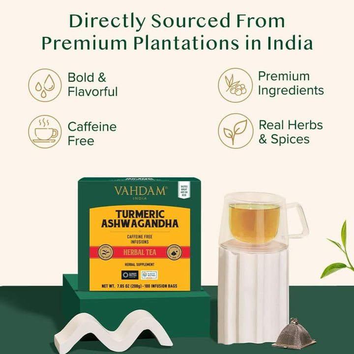 VAHDAM – Turmeric Ashwagandha Tea – Herbal – 100 Count – Caffeine free blend