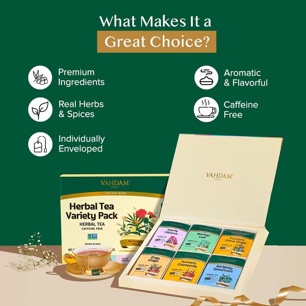 VAHDAM Herbal Tea Sampler - 36 Tea Bags in 6 Varieties | Caffeine-Free, Non-GMO Blends - Canadian Distribution - Ships Free Within Canada on Orders Above CAD $199