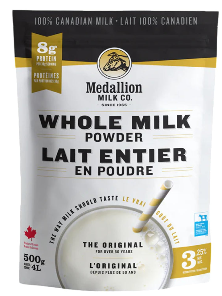 Medallion Whole Milk Powder 500g – Canadian Dairy, Antibiotic-Free, No rbST or rBGH - Canadian Distribution - Ships Free Within Canada on Orders Above CAD $199