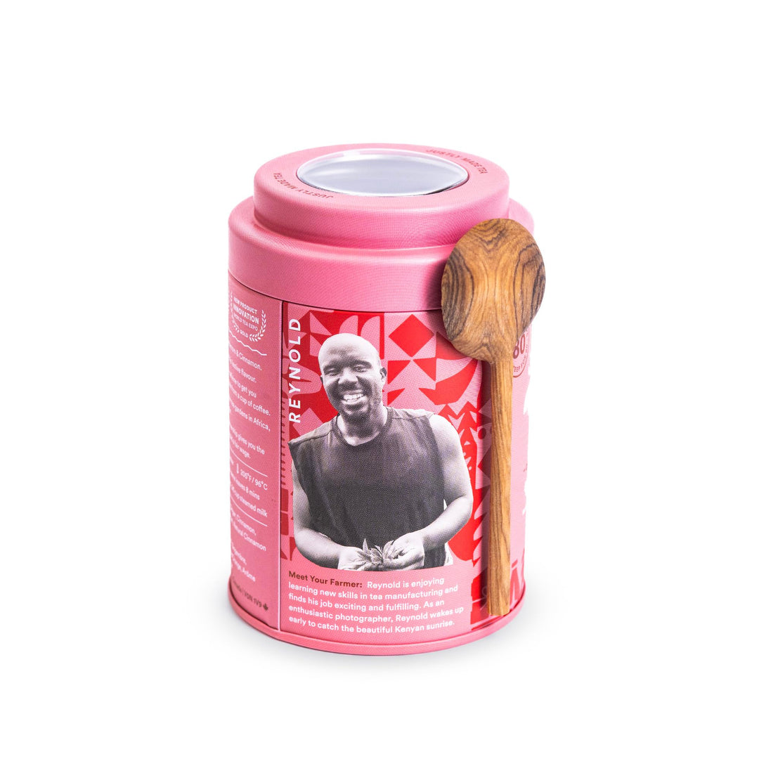 JusTea Holiday Spice Loose Leaf Black Tea | 100g Tin with Carved Tea Spoon | 40+ Servings | Fair Trade & Organic - Canadian Distribution - Ships Free Within Canada on Orders Above CAD $199
