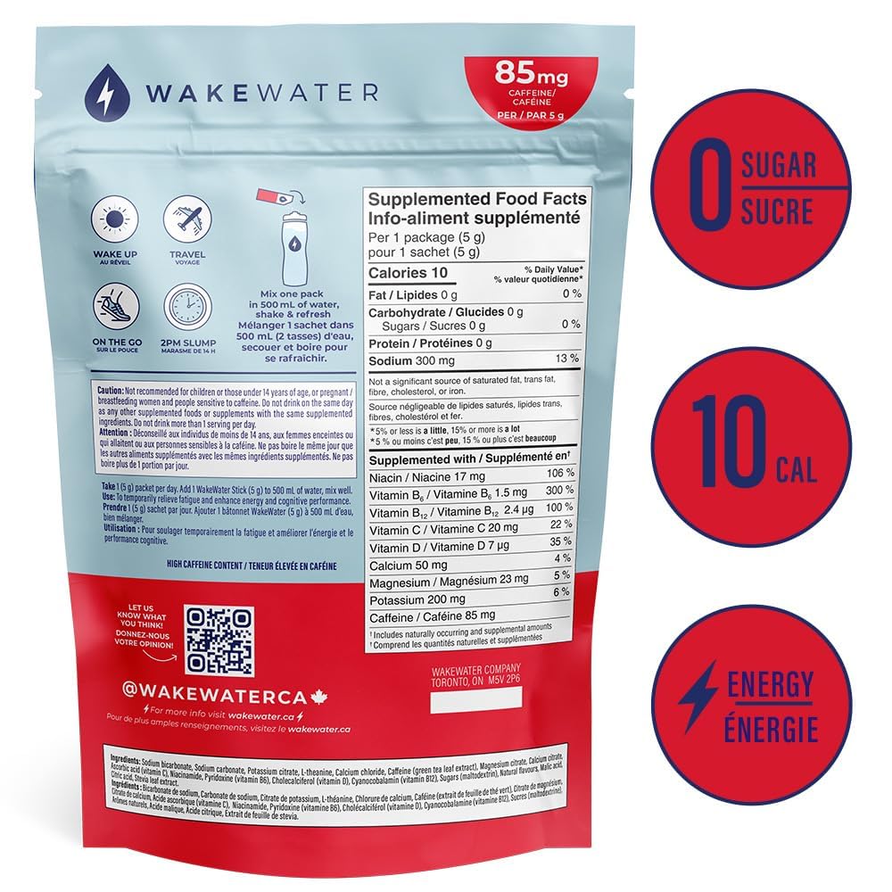 WakeWater Plus – Energy Powder – Cherry Lime – 10 Sticks – Natural green tea caffeine