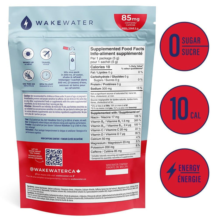 WakeWater Plus – Energy Powder – Cherry Lime – 10 Sticks – Natural green tea caffeine