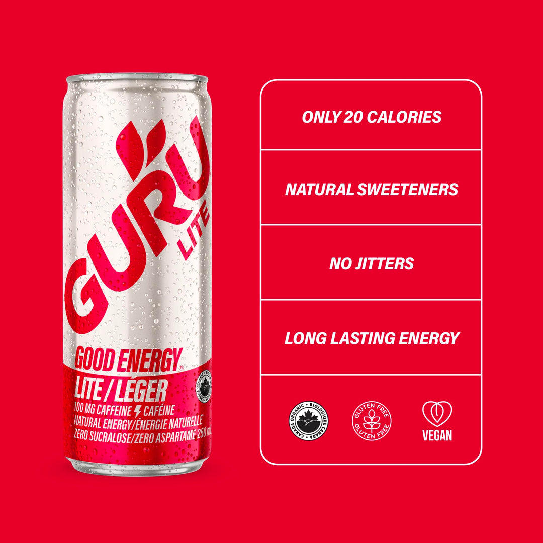 GURU – Lite Organic Energy Drink – Plant-Based Caffeine – 250mL x 24