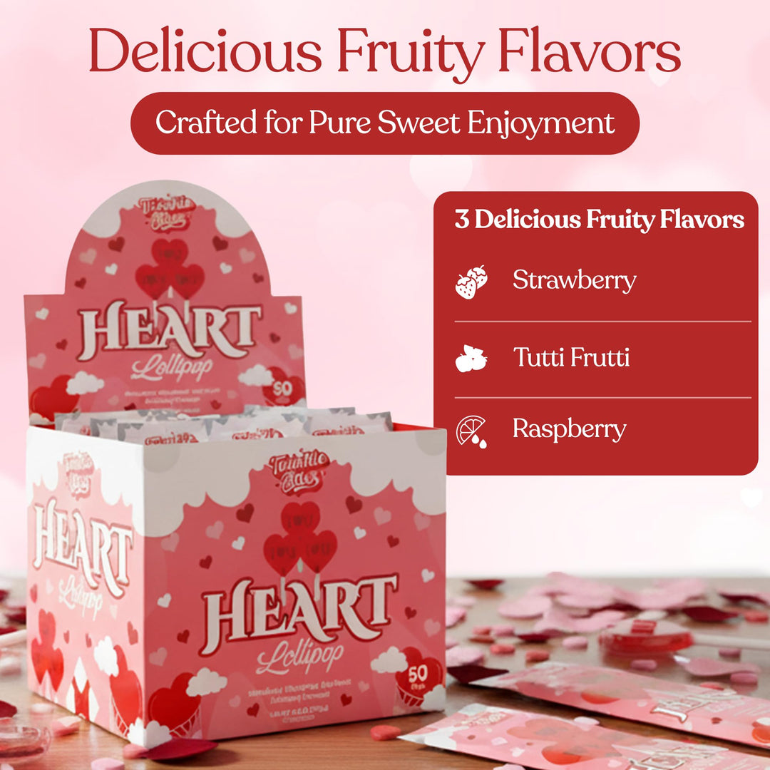 Lot de 50 sucettes pour la Saint-Valentin – Sucettes en forme de cœur emballées individuellement – ​​Saveurs délicieuses : fraise, framboise, tutti frutti