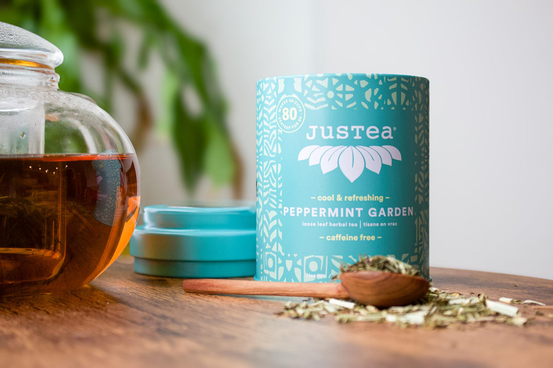 JusTea Peppermint Garden Loose Leaf Herbal Tea | Tin with Hand-Carved Spoon | 40+ Cups (45g) | Caffeine-Free | Award-Winning | Fair Trade - Canadian Distribution - Ships Free Within Canada on Orders Above CAD $199