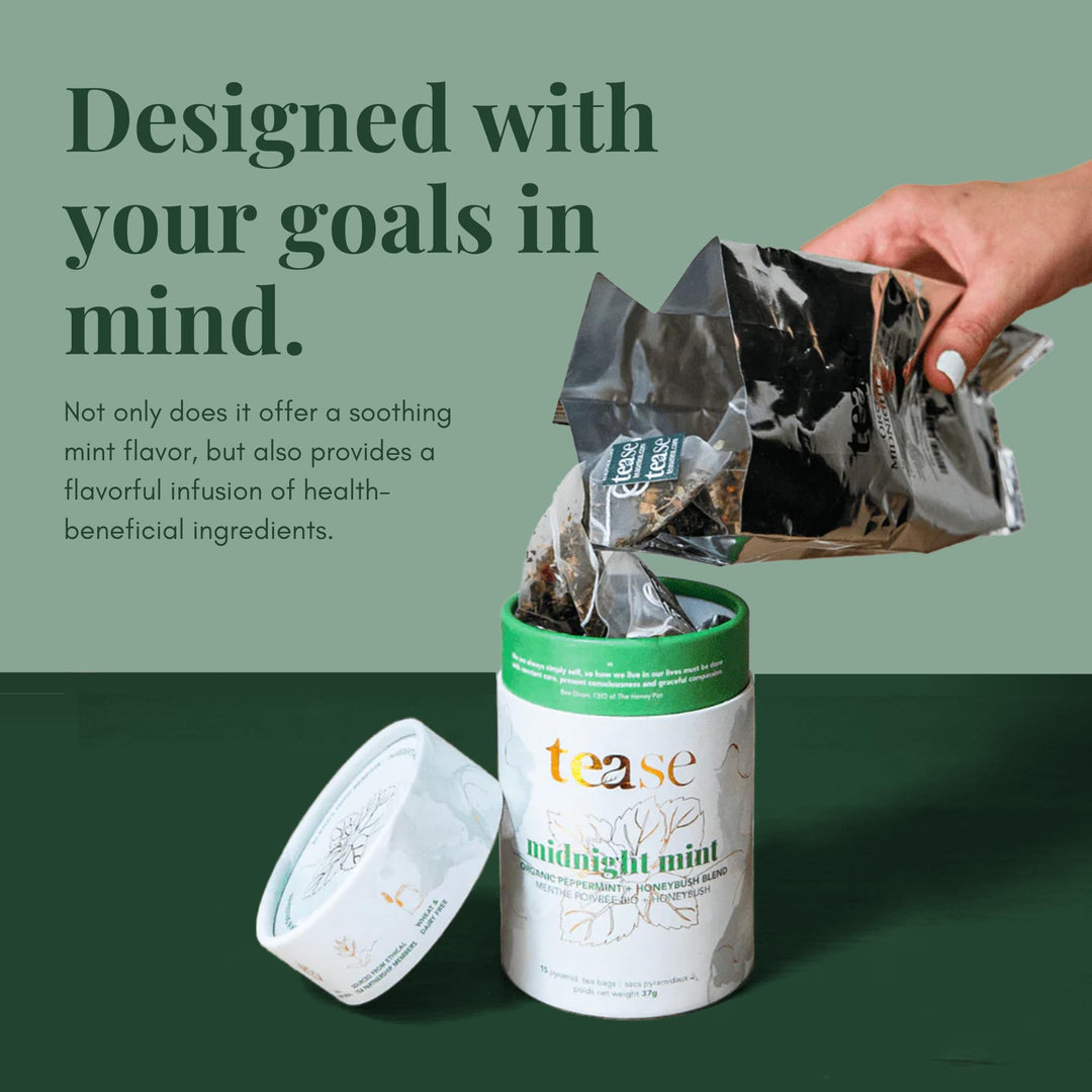 Tease Tea Organic Midnight Mint - Caffeine-Free Herbal Digestive Blend with Peppermint, Spearmint & Peach - Canadian Distribution - Ships Free Within Canada on Orders Above CAD $199