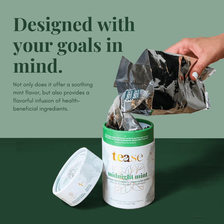 Tease Tea Organic Midnight Mint - Caffeine-Free Herbal Digestive Blend with Peppermint, Spearmint & Peach - Canadian Distribution - Ships Free Within Canada on Orders Above CAD $199