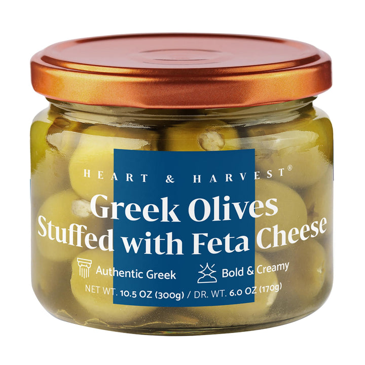 Heart and Harvest Feta-Stuffed Greek Olives - Hand-Picked Chalkidiki Variety - 300g - Canadian Distribution - Ships Free Within Canada on Orders Above CAD $199