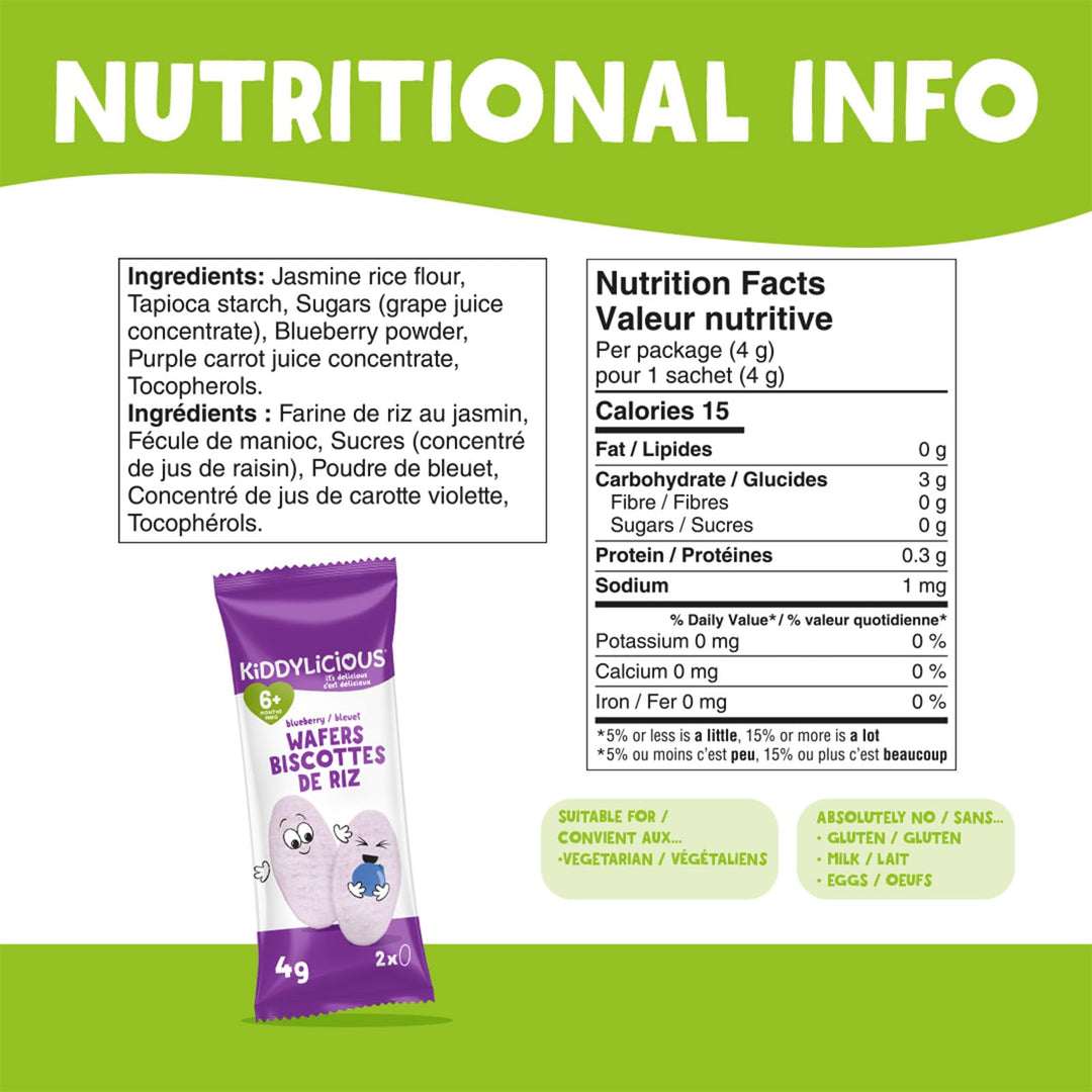 Kiddylicious Blueberry Wafers – Gentle Baby Snacks for 6+ Months – Gluten-Free, Dairy-Free, Egg-Free, Vegan – 24 Portions, 96g - Canadian Distribution - Ships Free Within Canada on Orders Above CAD $199