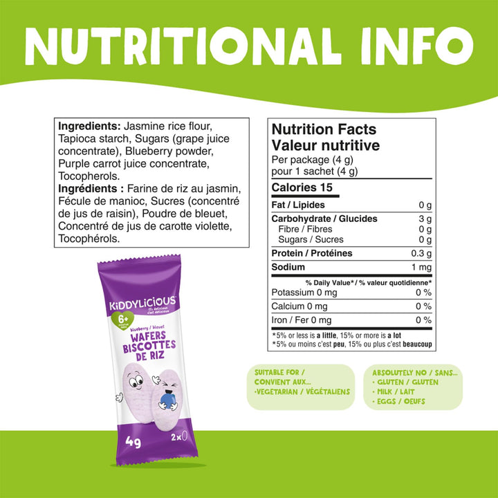 Kiddylicious Blueberry Wafers – Gentle Baby Snacks for 6+ Months – Gluten-Free, Dairy-Free, Egg-Free, Vegan – 24 Portions, 96g - Canadian Distribution - Ships Free Within Canada on Orders Above CAD $199