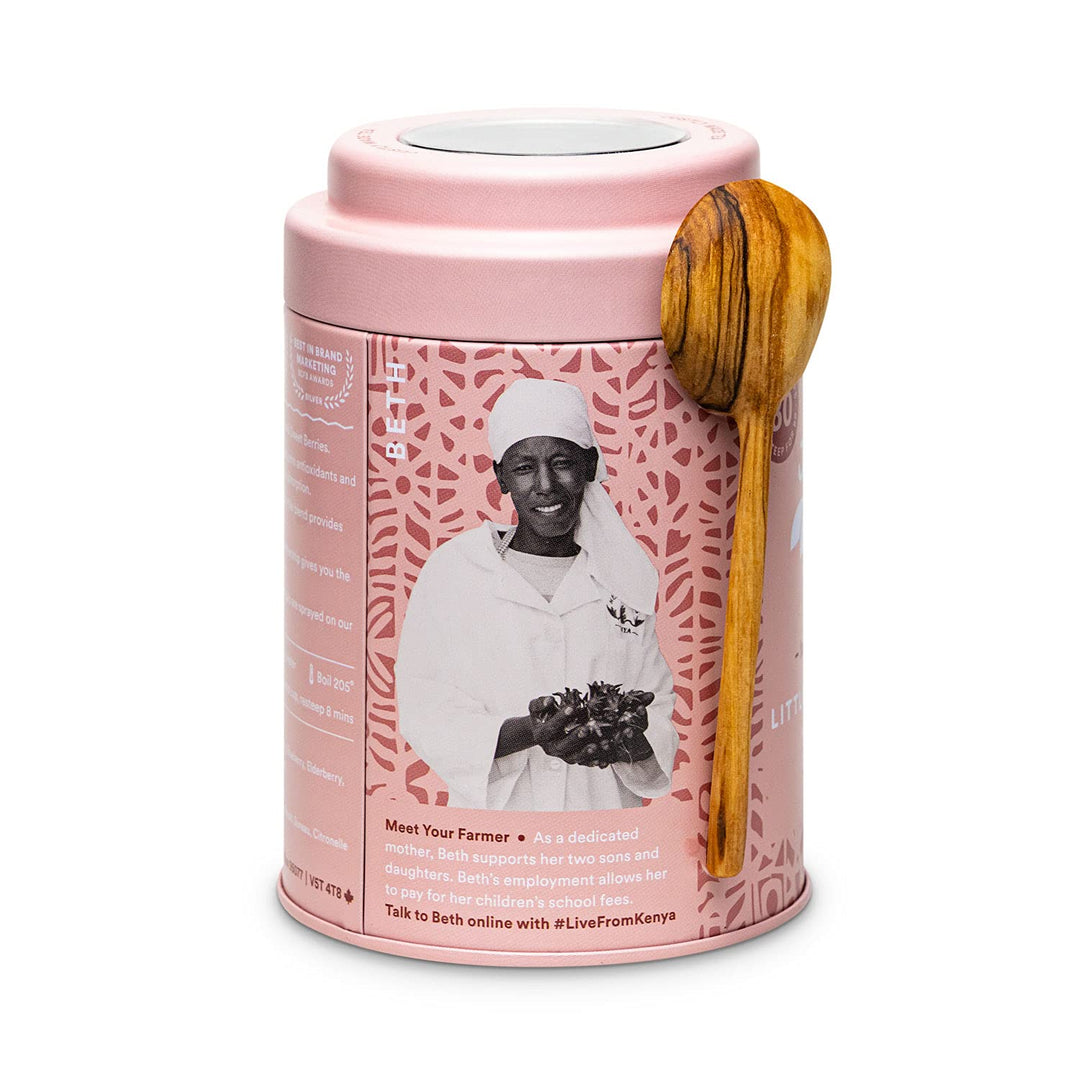 JusTea Little Berry Hibiscus Loose Leaf Herbal Tea | 90g Tin with Carved Spoon | 40+ Cups | Caffeine-Free | Fair Trade & Organic - Canadian Distribution - Ships Free Within Canada on Orders Above CAD $199