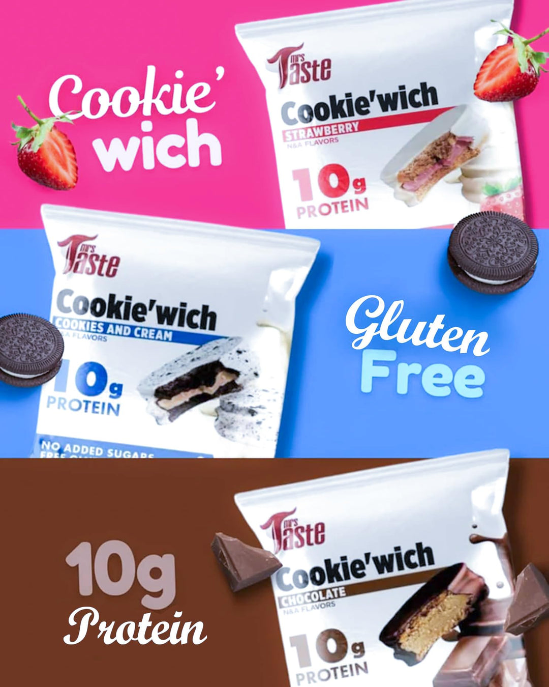 Mrs Taste Cookie'wich- Cookies N Cream 10x50g - Canadian Distribution - Ships Free Within Canada on Orders Above CAD $199