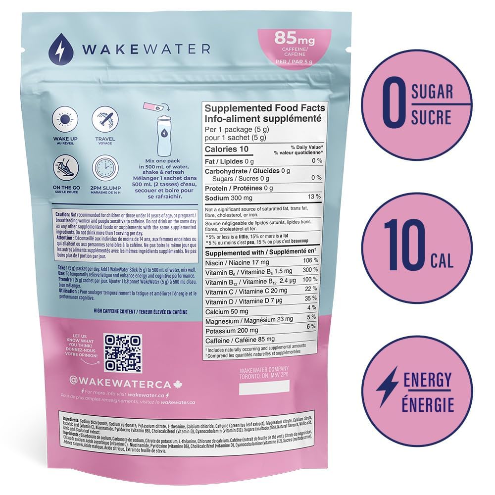 WakeWater Plus – Energy Powder – Raspberry Lemonade – 10 Sticks – Vitamins electrolytes