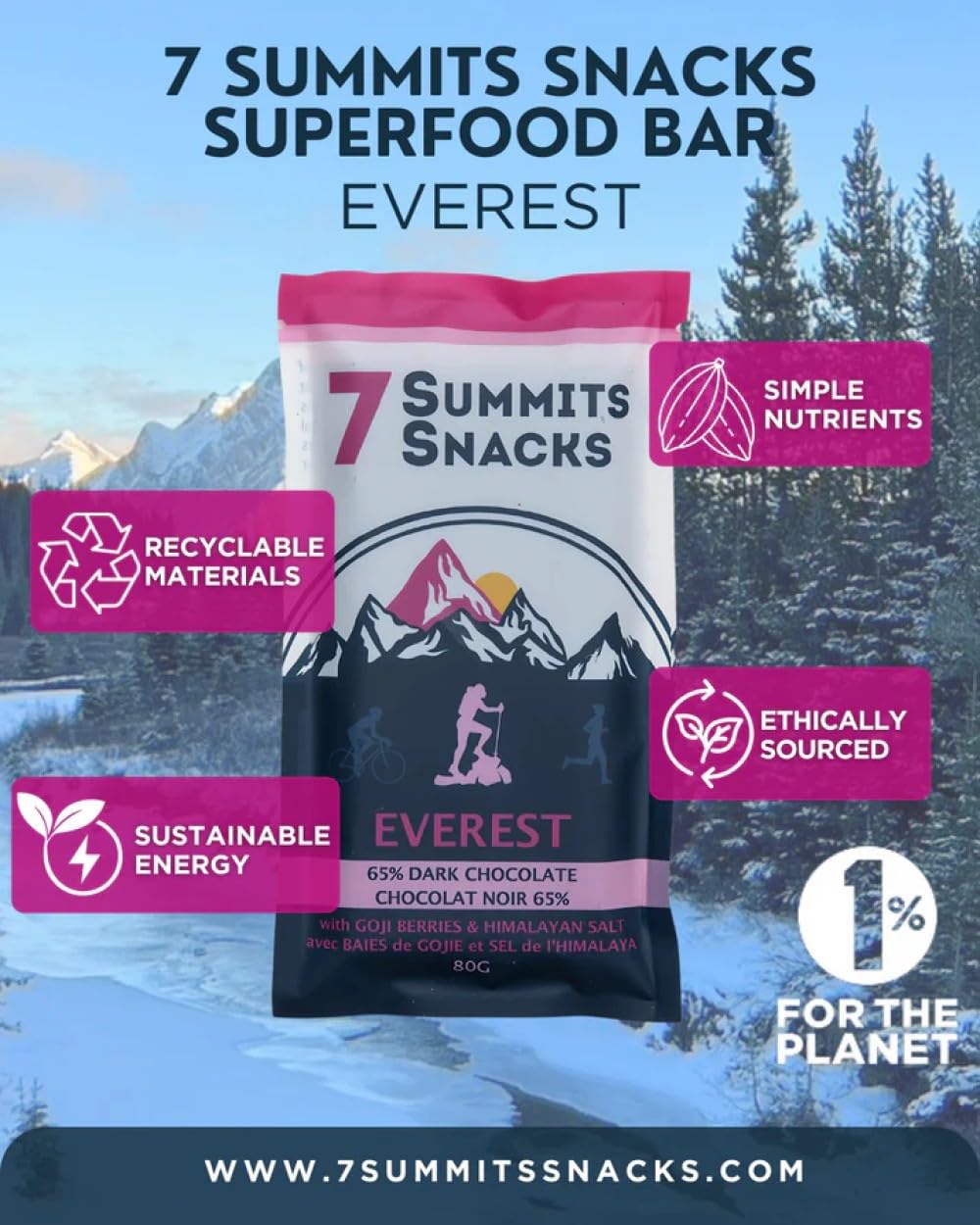 7 Summits Snacks Everest Superfood Chocolate Bar 2 x 80g - Canadian Distribution - Ships Free Within Canada on Orders Above CAD $199