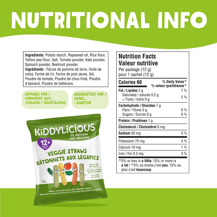 Kiddylicious Veggie Straws - Crunchy Snack for Babies 12+ Months - Gluten Free, Vegan - 9 Portions, 108g - Canadian Distribution - Ships Free Within Canada on Orders Above CAD $199