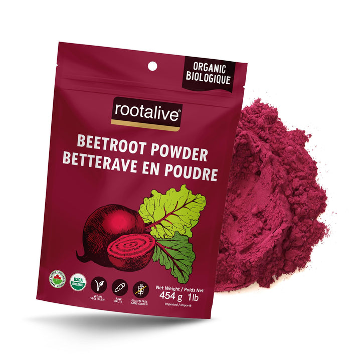 Rootalive beetroot powder packaging with beetroot powder on a white background