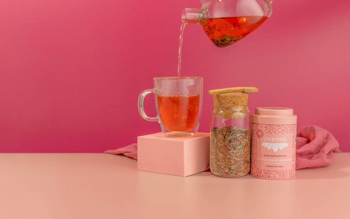 JusTea Little Berry Hibiscus Loose Leaf Herbal Tea | 90g Tin with Carved Spoon | 40+ Cups | Caffeine-Free | Fair Trade & Organic - Canadian Distribution - Ships Free Within Canada on Orders Above CAD $199