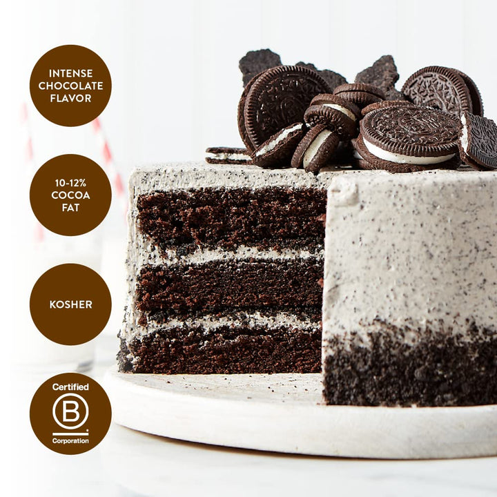 Chocolate cake with Oreo cookies on top, featuring certification badges.