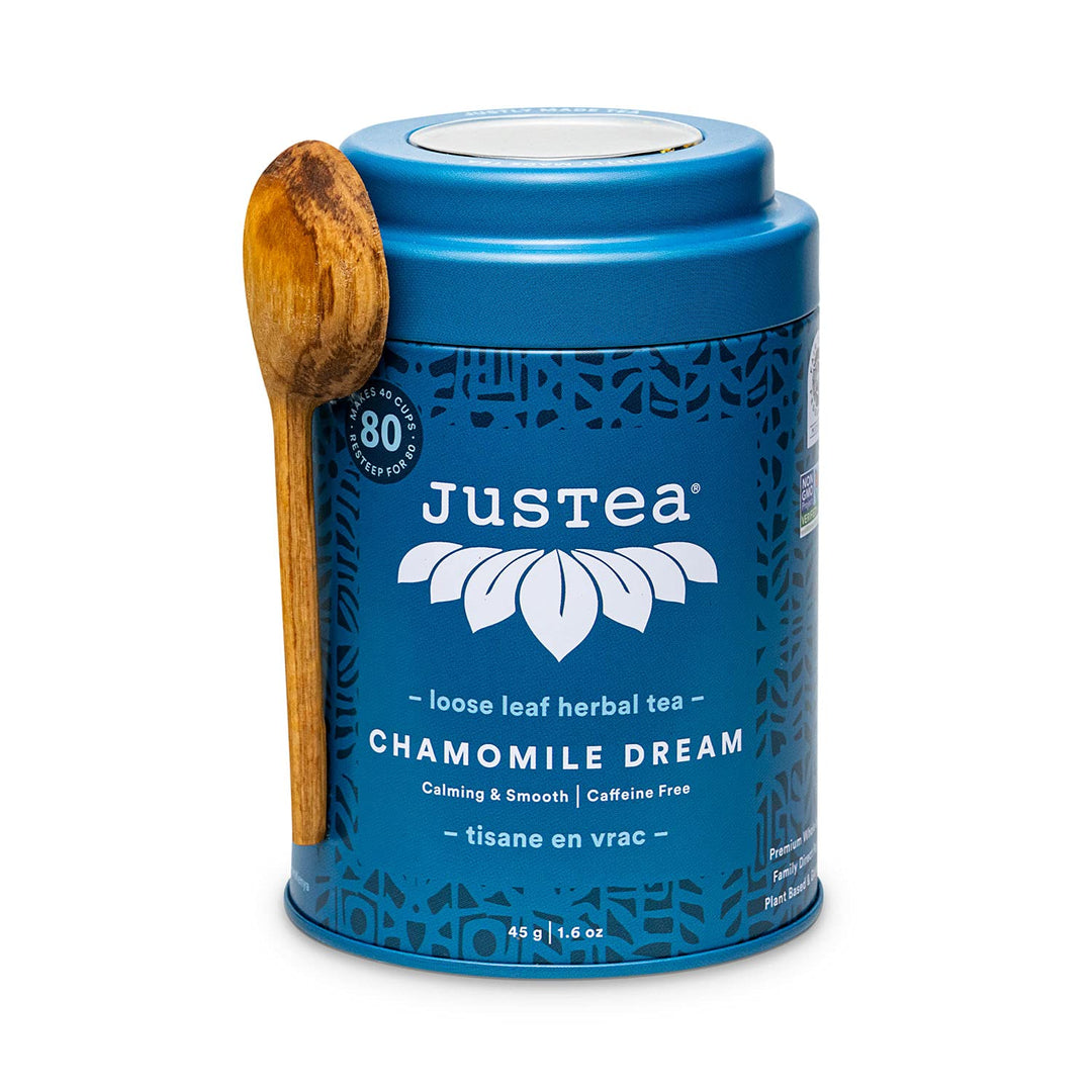 JusTea Chamomile Dream Loose Leaf Herbal Tea | 45g Tin with Carved Spoon | 40+ Servings | Organic Fair Trade - Canadian Distribution - Ships Free Within Canada on Orders Above CAD $199