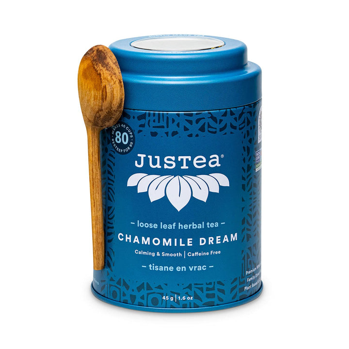 JusTea Chamomile Dream Loose Leaf Herbal Tea | 45g Tin with Carved Spoon | 40+ Servings | Organic Fair Trade - Canadian Distribution - Ships Free Within Canada on Orders Above CAD $199