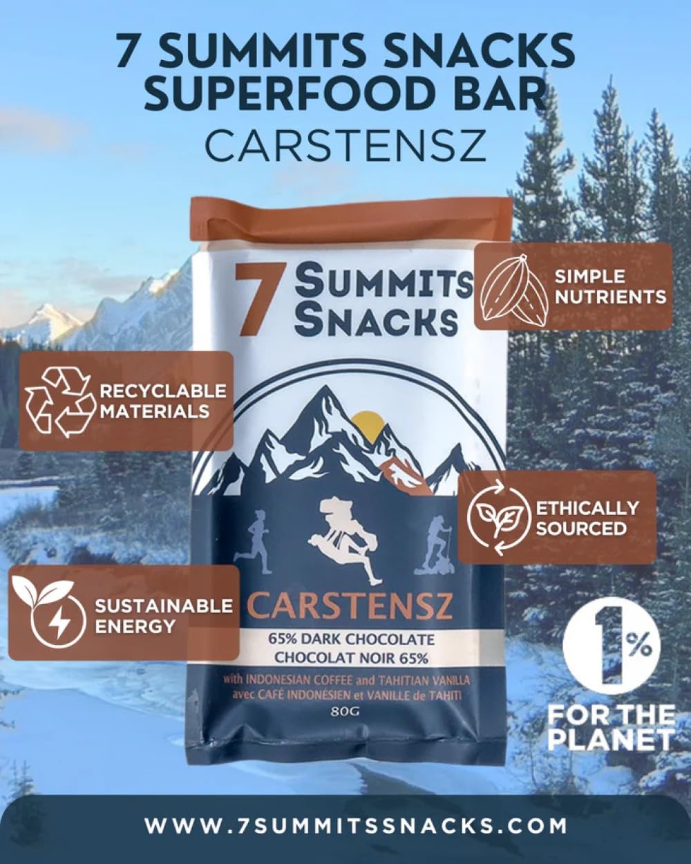 7 Summits Snacks Carstensz Superfood Chocolate Bar 12x80g - Canadian Distribution - Ships Free Within Canada on Orders Above CAD $199