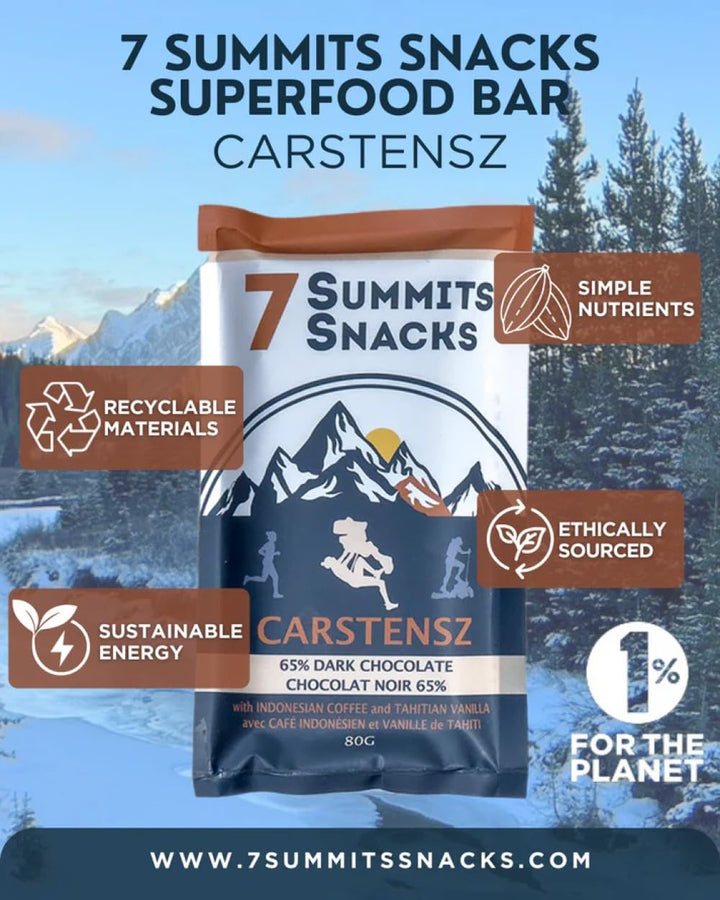 7 Summits Snacks Carstensz Superfood Chocolate Bar 12x80g - Canadian Distribution - Ships Free Within Canada on Orders Above CAD $199