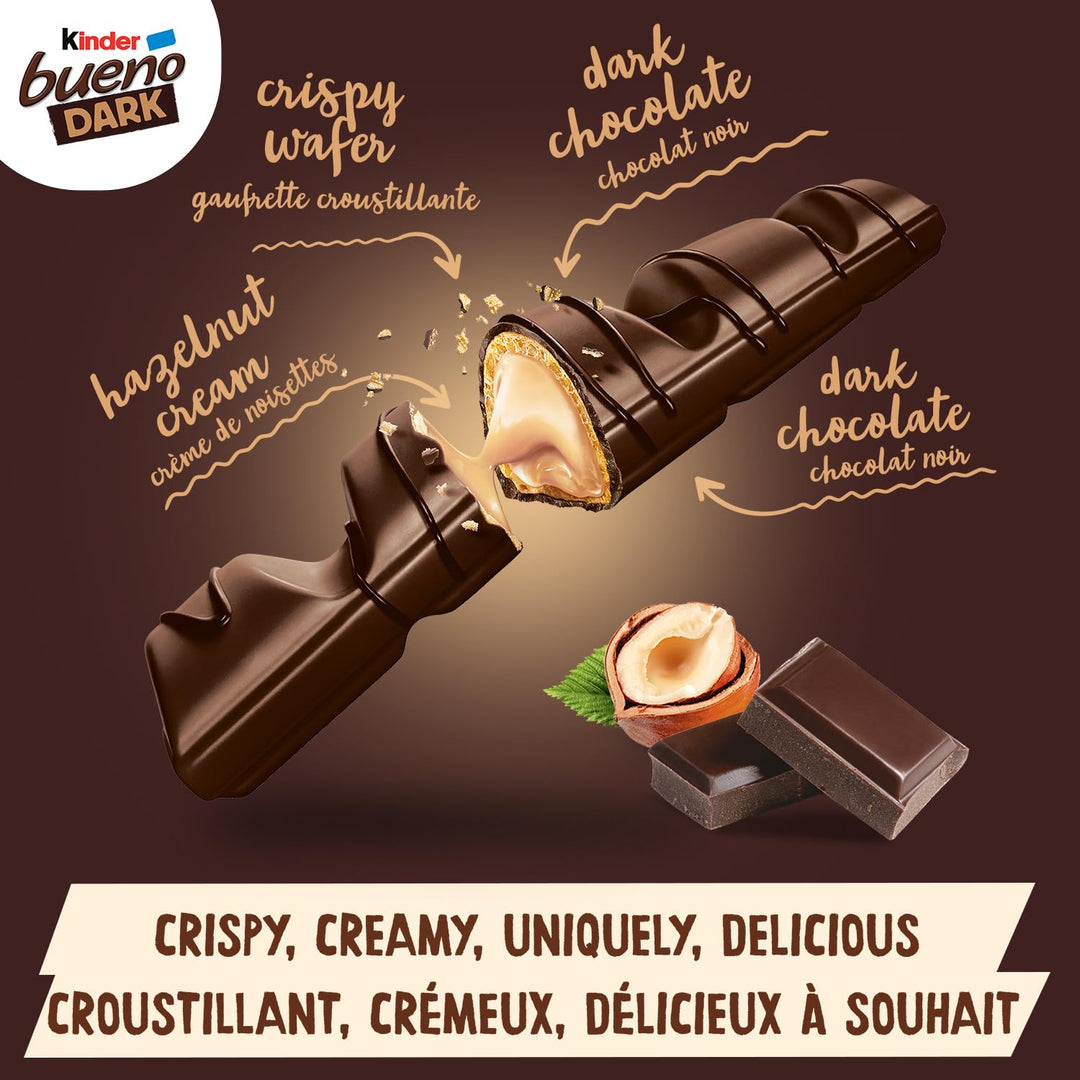 Kinder Bueno Dark Chocolate Hazelnut Wafer Bars - 30 Pack (2 Bars Per Pack, 43g Each) - Canadian Distribution - Ships Free Within Canada on Orders Above CAD $199