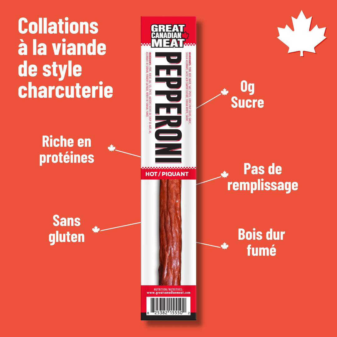Great Canadian Meat – Pepperoni Sticks – Hot – 18 × 22g – High protein snack