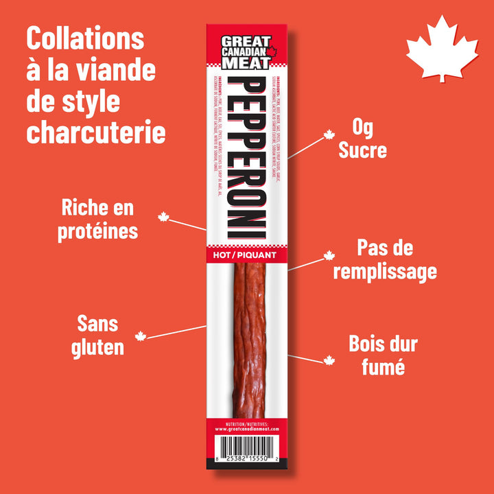 Great Canadian Meat – Pepperoni Sticks – Hot – 18 × 22g – High protein snack