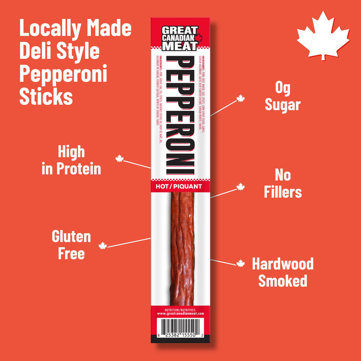 Great Canadian Meat – Pepperoni Sticks – Hot – 18 × 22g – High protein snack