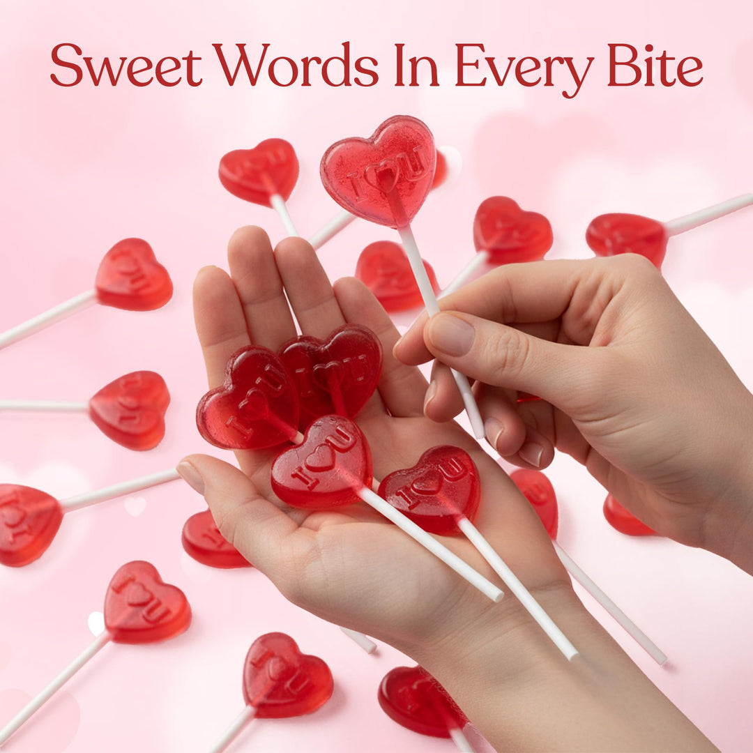 Lot de 50 sucettes pour la Saint-Valentin – Sucettes en forme de cœur emballées individuellement – ​​Saveurs délicieuses : fraise, framboise, tutti frutti