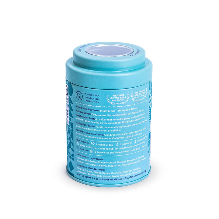JusTea Winter Wonderland Purple Tea | Loose Leaf in Tin with Carved Spoon | 40+ Servings (80g) | Low Caffeine, Award-Winning, Fair Trade & Organic - Canadian Distribution - Ships Free Within Canada on Orders Above CAD $199