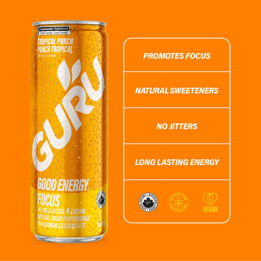 GURU – Organic Energy Drink – Tropical Punch – 24 × 355mL – Plant based caffeine
