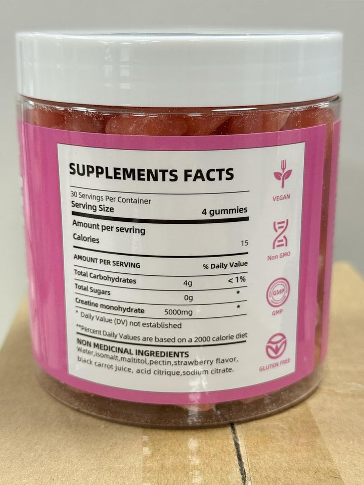 Gommes à la créatine – Fraise – 120 gommes (5 g chacune)