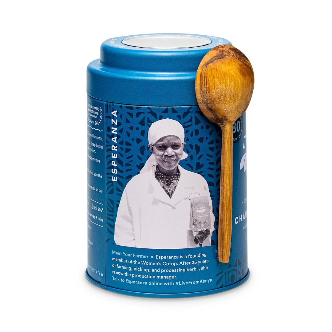 JusTea Chamomile Dream Loose Leaf Herbal Tea | 45g Tin with Carved Spoon | 40+ Servings | Organic Fair Trade - Canadian Distribution - Ships Free Within Canada on Orders Above CAD $199