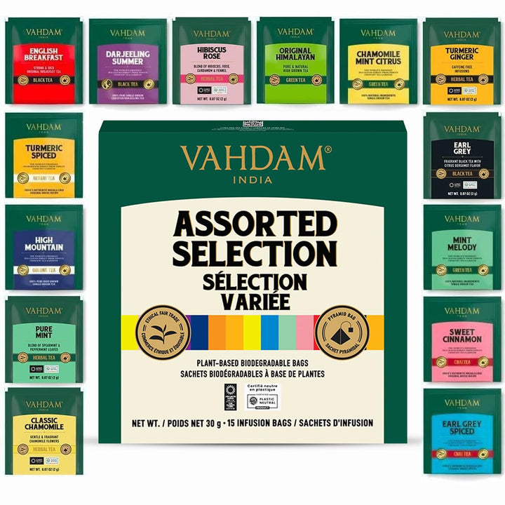 VAHDAM Assorted Tea Sampler – 2 x 15 Premium Flavors in Pyramid Tea Bags - Canadian Distribution - Ships Free Within Canada on Orders Above CAD $199