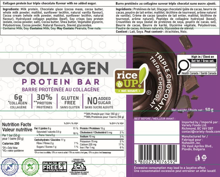 rice UP! Collagen Protein Bar – Triple Chocolate, 2 x 50g - Canadian Distribution - Ships Free Within Canada on Orders Above CAD $199
